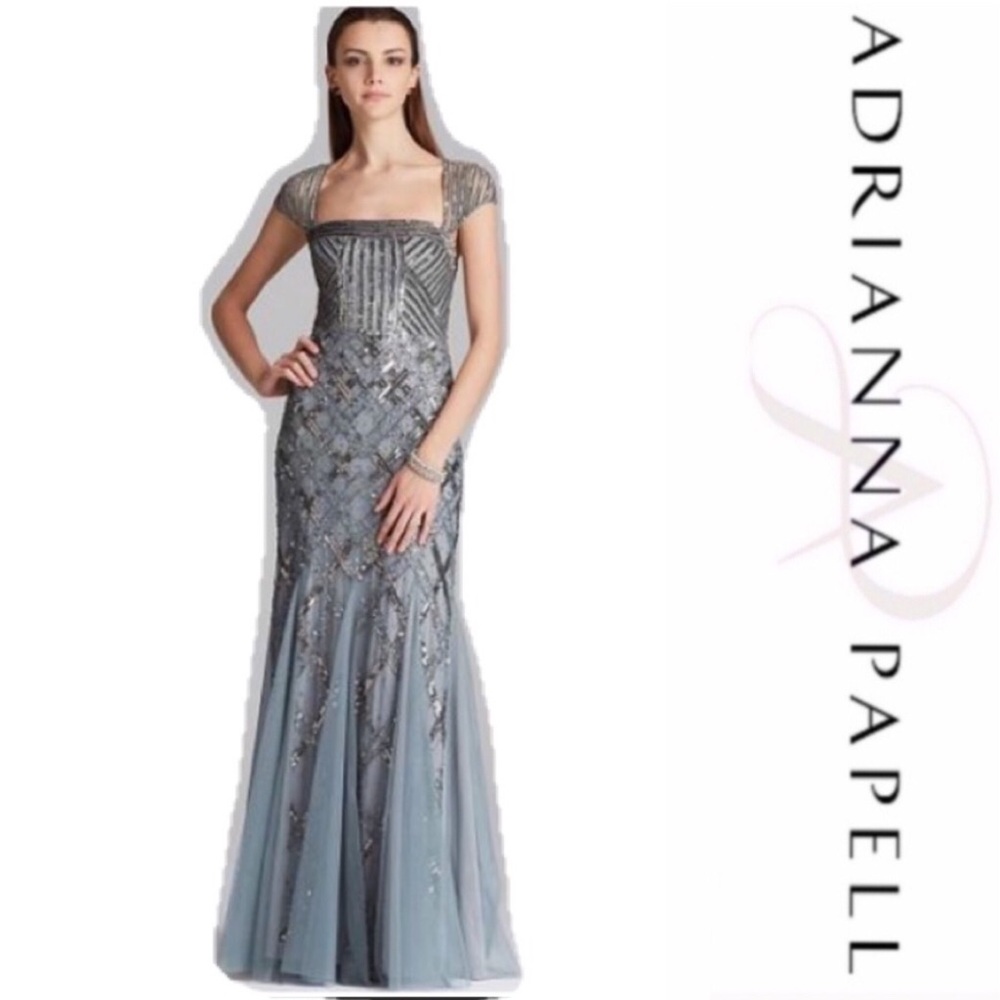 Adrianna Papell beaded capsleeve sweetheart neck long dress - Picture 3 of 16